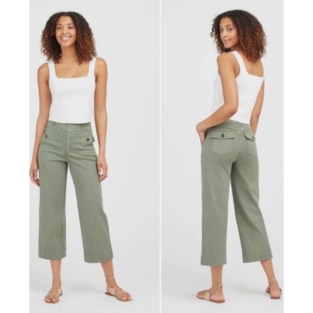 Spanx Twill Crop Wide Leg Pant Womens Medium Sage Green Pull On High Rise A177